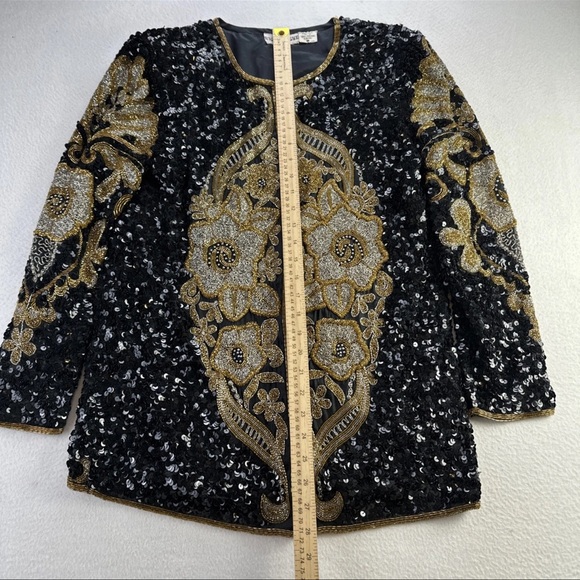 Vintage Night Vogue Black Sequin Silk Jacket Gold Embroidery Formal Sz M - Picture 9 of 10